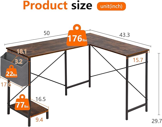 PayLessHere 50 Inch L-Shaped Computer DeskGaming Desk with Durable Metal FrameCorner Desk with Side Storage Bag &amp CPU Stand for Home Office Gaming StudyBrown