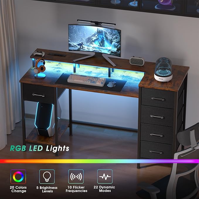 55 Inch Computer Gaming Desk with Power Outlets LED Lights Reversible Home Office with Adjustable Fabric Storage Drawers for Working Writing Study Rustic Brown