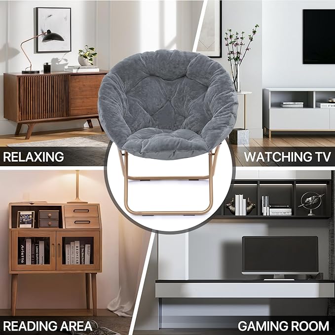 MoNiBloom Round Folding Faux Fur Saucer Chair for Bedroom Living Room Dorm Foldable Metal Frame Oversized Large Comfy Furry Padded Soft Cozy Moon Chair with Footrest Ottoman for Adults (Gray)