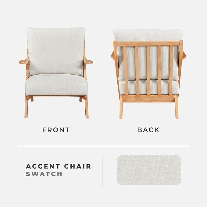 Lexicon Mid Century Modern Accent Chair Natural Finish Solid Rubberwood Frame Reversible Back Cushion Woven Chenille Upholstered Reading Chair for Living Room/Bedroom/Office Beige