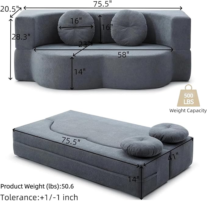 76 Convertible Folding Sofa Bed 2-in-1 Twin Size Loveseat Sleeper Couch Bed with Two Pillows Foldable Space-Saving | Design for Dorms Apartments Bedroom&amp Living RoomNo Assemble(Grey)