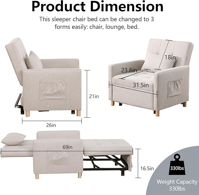 Sleeper Chair Bed Convertible Chair Bed Sleeper Pull Out Sofa Bed with Adjustable Backrest Linen Fabric Convertible Chair to Bed with Side Pocket for Living Room Apartment-Beige