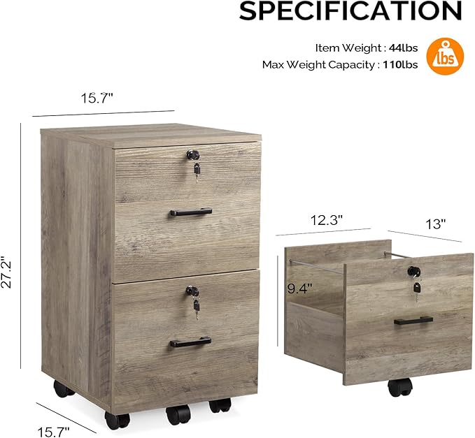 VINGLI 2 Drawer File Cabinet with Lock Wood Rustic Gray Filing Cabinet for Letter Size File Folders with Tabs Under Desk Rolling File Cabinets for Home Office Mobile File Organization Printer Stand