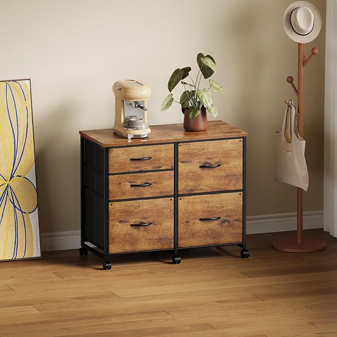 Lateral File Cabinet with 5 Drawers Rolling Filing Cabinets Under Desk Storage Printer Stand with WheelsMobile File Cabinet for Home OfficeRustic Brown