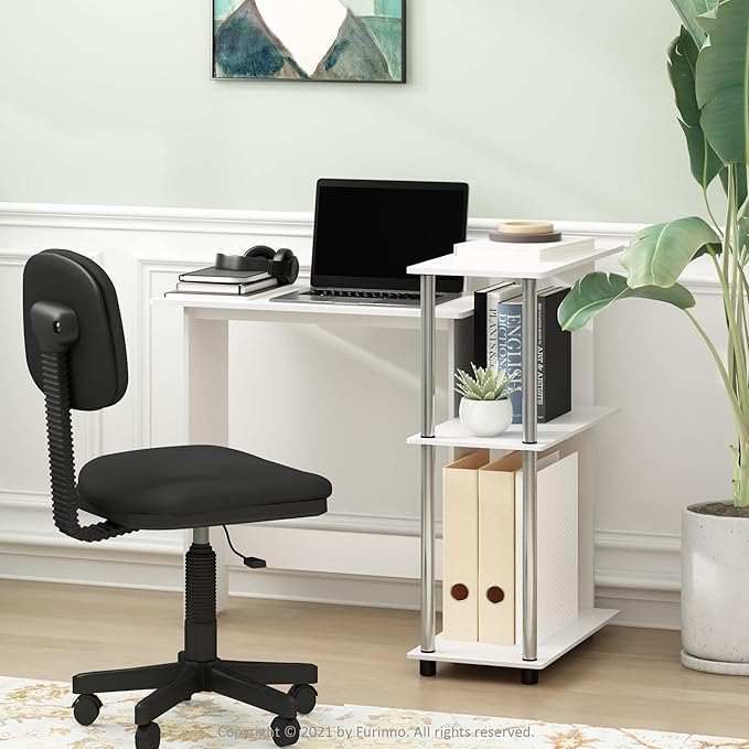 Furinno Abbott Corner Computer Desk with Bookshelf White Oak/Chrome