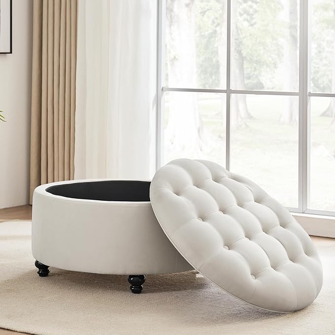 HUIMO 30-Inch Round Storage Ottoman Modern Button Tufted Coffee Table with Removable Top Upholstered Ottoman with Storage Footrest Stool for Living Room Bedroom and Office(Ivory)
