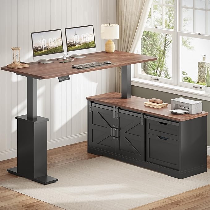 SEDETA Farmhouse L Shaped Standing Desk 55 inch Height Adjustable Corner Desk with Storage Drawers Standing Computer Desks with Power Outlets for Home Office Black
