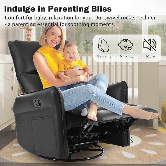 cinkehome Overstuffed Swivel Glider Recliner Manual Swivel Rocking Recliner Faux Leather Rocker Recliner Chair Side Pockets Black