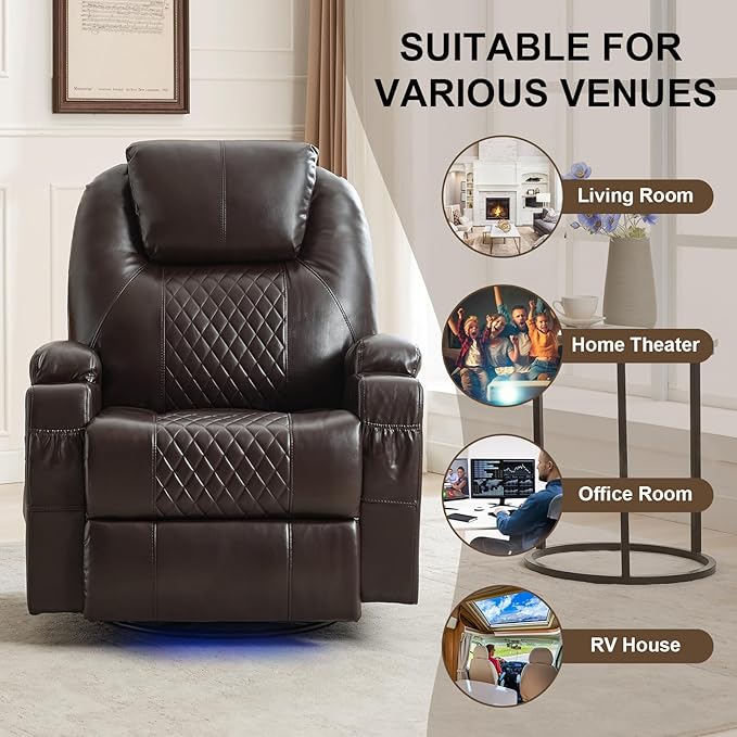 Power Swivel Rocker Recliner Chair for Adults with Heat and Massage LED Lights USB-A and USB-C Ports Electric Glider Recliner Nursery Chair for Living Room (Brown Set of 2)
