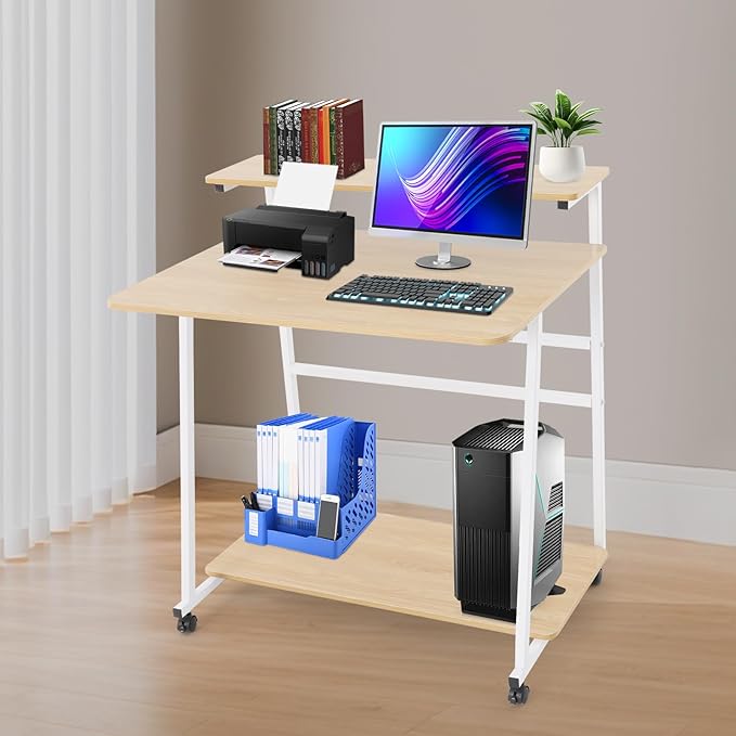 Small Office Mobile Computer Desk 3-Tier Laptop Table with Storage Shelves Tiny Computer Desk with Wheels for Home Office Bedroom Living Room Studio (Log Color+White)