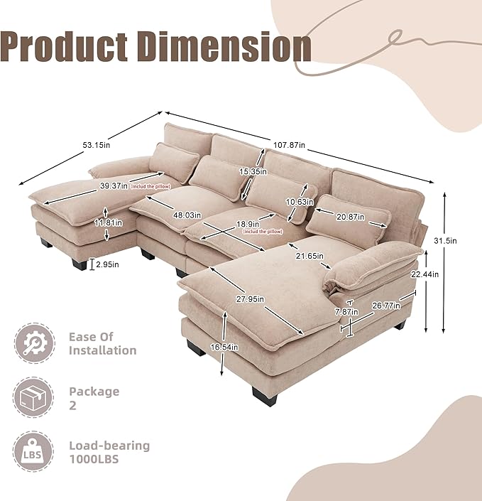 KEIKI 108 U-Shaped Chenille Modular Sectional Chenille Sofa with 2 Movable Ottoman &amp Pillows &amp 2 Side Pocket Oversized 4-Seater Couch with Memory Foam Cushion Easy Assembly for Living Room