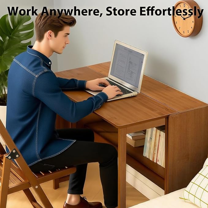 41'' Bamboo Folding Desk with Bookshelf – Space-Saving Computer Desk for Small Spaces Foldable Study Table Mid Century Modern for Home Office &amp Bedroom - Brown