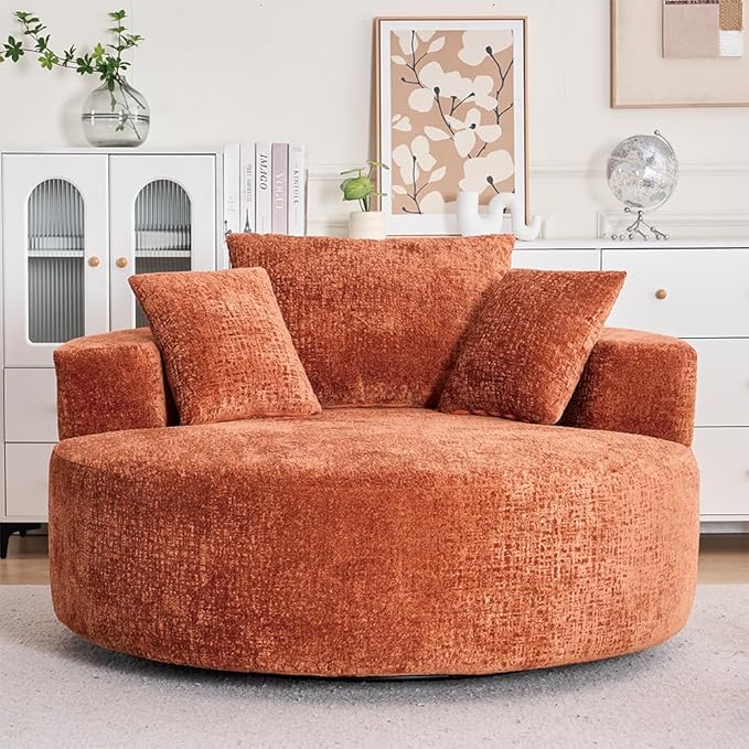 55 Oversized Swivel Accent Chair Round Barrel Chair with 360° Rotation Chenille Upholstered Deep Seat Lounge Sofa Modern Comfy Single Sofa for Living Room Bedroom Office (Orange)
