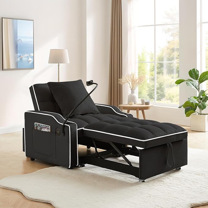 Convertible Sleeper Sofa Chair Bed 3 in 1 Velvet Single Small Futon Sofa Bed with Phone Holder &amp USB PortsPull Out Couch Recliner with Adjustable Backrest for Living Room Office Small Place(Bl