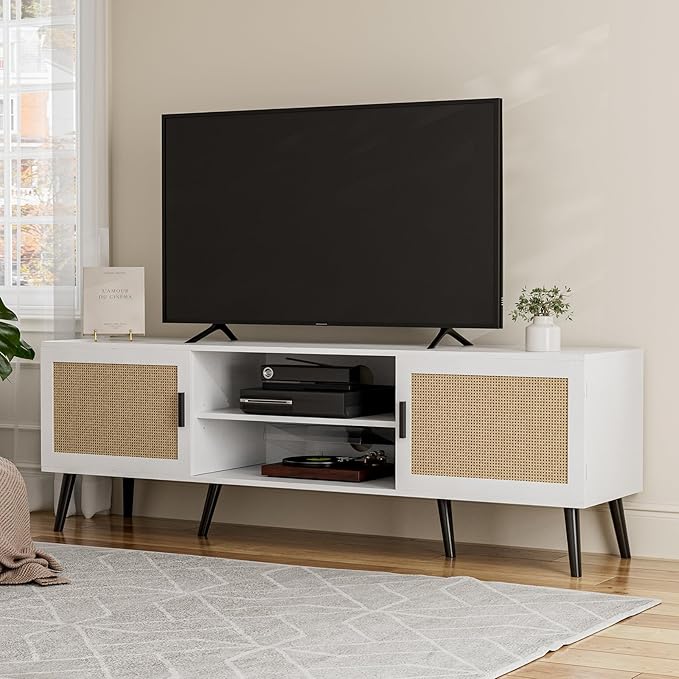 TV Stand for TVs up to 65'' Mid Century Modern Entertainment Center with Rattan Door Shelves &amp 2 Cabinets Boho Media TV Console for Living Room Bedroom White