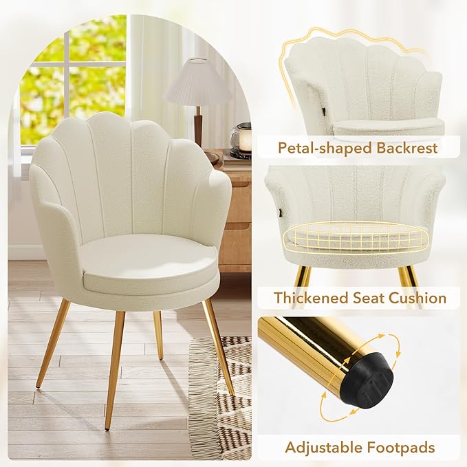 Furniliving Sherpa Vanity Chair Shell Accent Chair for Living Room Upholstered Accent Chair with Gold Metal Legs Makeup Chair for Vanity Armchair Guest Chairs Side Chair for Bedroom (White 2)