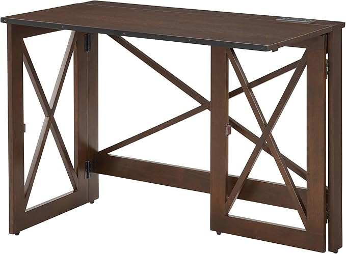 MECO Stakmore 110 Volt Stylish Versatile Expandable Folding Desk with Built in Outlets for Home Office Den or Living Room Espresso