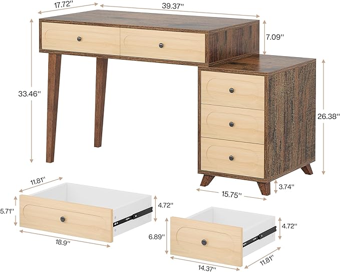 Tribesigns 51-Inch Computer Desk with 5 Drawers Rustic Brown Office Desk with Reversible Drawer Cabinet Wooden Study Writing Table Workstation with Storage for Small Spaces