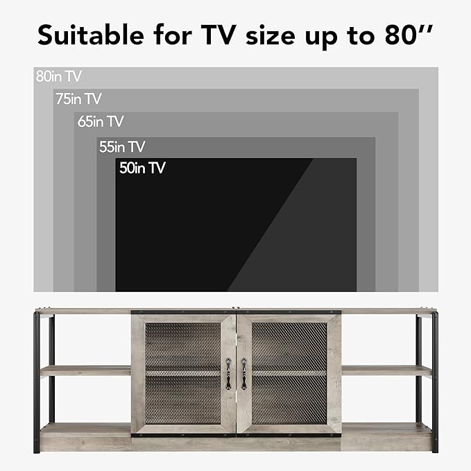 IDEALHOUSE Farmhouse TV Stand for 75/80 inches TVs Entertainment Center with Storage Cabinet Industrial Media Console Cabinet Table Living Room Media Furniture Grey