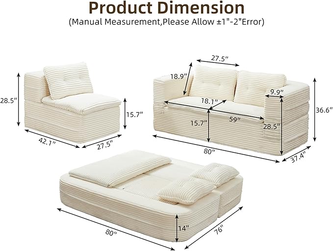 Sleeper Sofa with Chaise Lounge Convertible Sectional Couch Bed Plush Corduroy 3-Seat Sofa with Blanket Deep Seat King Size Sleeper for Small Apartment No Assembly Required (White)