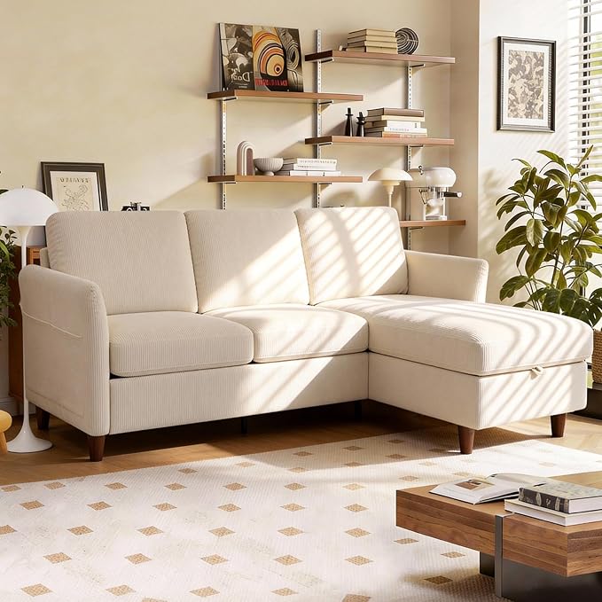 Convertible Sectional SofaCorduroy L-Shaped Couch with Reversible Storage Chaise3-Seater Sofa with Side Pocket for Living RoomBedroom and Office 106.7Beige