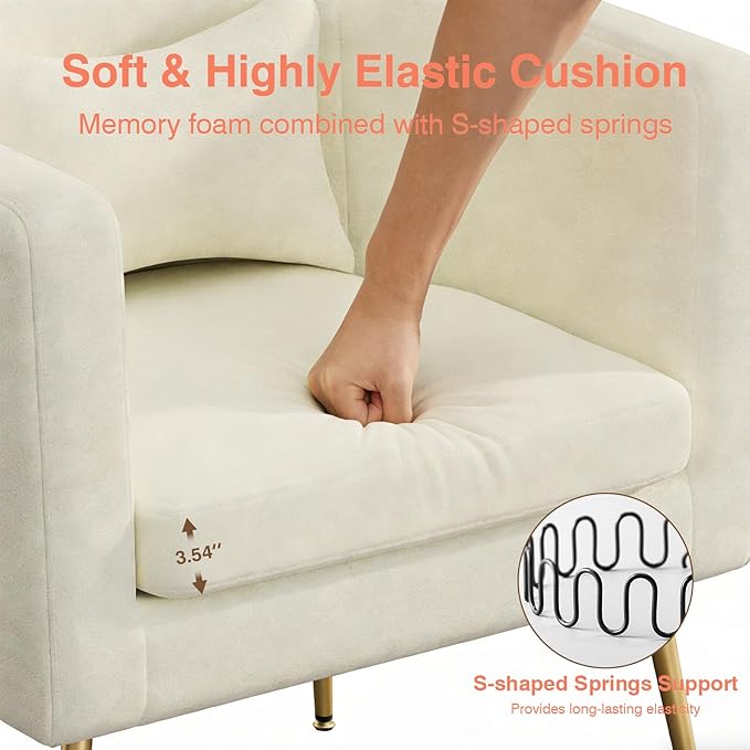 Velvet Accent Chair Set of 2 Modern Barrel Armchair with Lumbar Pillow &amp Gold Legs Upholstered Club Chairs for Living Room/Bedroom/Guest Reception White