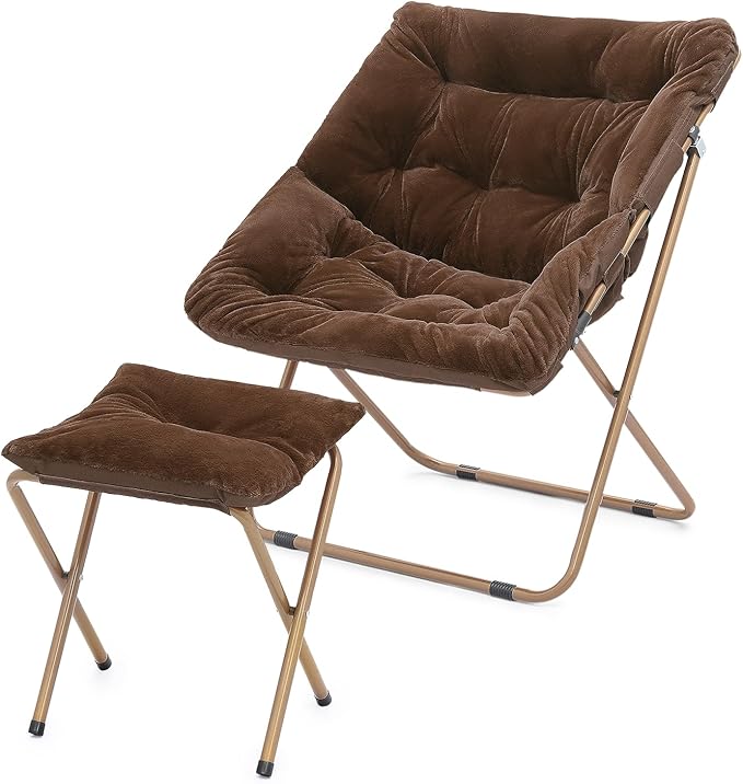 Athena Collection Comfy Saucer Chair and Ottoman Set for Adult Comfortable Faux Fur Square Oversize Folding Reading Chair with Metal Leg Lazy and Cozy for Bedroom Living Room Brown