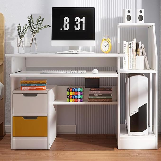 Computer Desk with 3 Hutch Shelves Room Desk for Bedroom Study Table with Keyboard Tray and 2 Drawers Desk for Bedroom Daily Home Office Desks Gaming Desk with Wide Desktop White