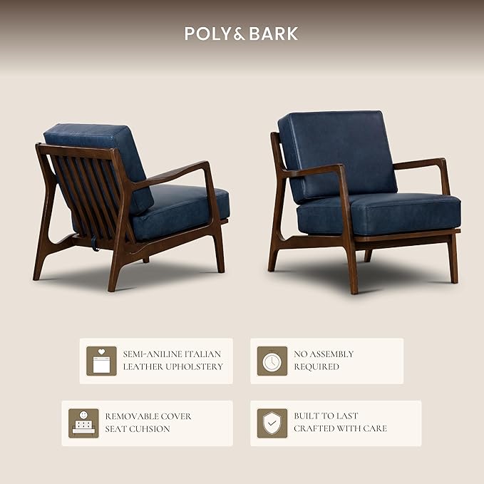 Poly &amp BARK Verity Leather Accent Chair – Armchair with Walnut Wood Frame – Fashion-Forward Lounge Seating for Living Room – Upholstered in Midnight Blue Leather for Modern Style