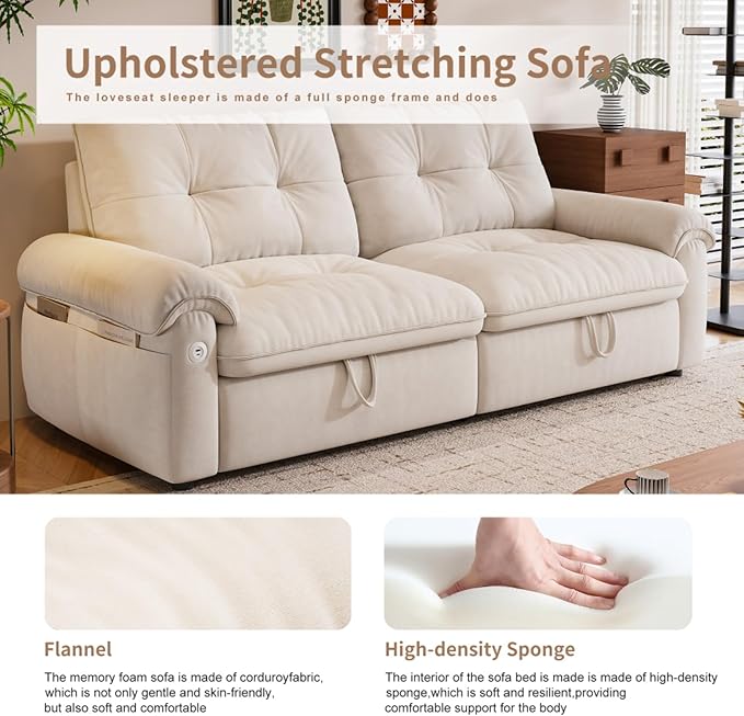 77.2'' Multifunctional Loveseat Sleeper Sofa Couch with Pull-Out Bed 3-in-1 Modern Velvet Convertible Sofa Bed with USB and Side Pockets Easy Assembly Living Room Apartment Beige