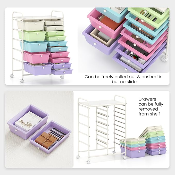 Giantex 15 Drawer Rolling Cart with Drawers Storage Organizer Cart for Classroom Office School Teacher Mobile Drawer Cart for Tools Crafts Small Printer Paper Pastel Ice Cream