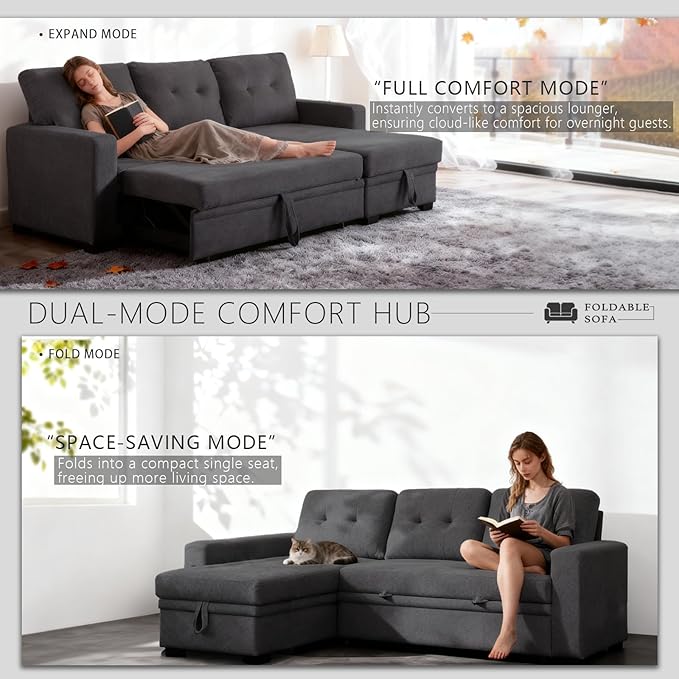 Dreamzie L Shaped Sectional Sleeper Sofa with Storage Chaise 3 Seater Pull Out Couch for Living Room Convertible Sofa Bed Couch for Apartment Office - Dark Grey | Linen