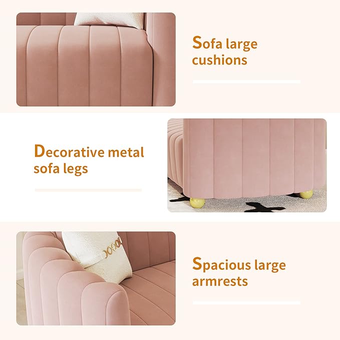 Mid-Century Modern Sofa for Living Room 84 Pink Luxury Velvet Loveseat Sofa Couch Sectional Love Seat Sofa Couch with Gold Legs Upholstered Sofa for Apartment Bedroom Home Office