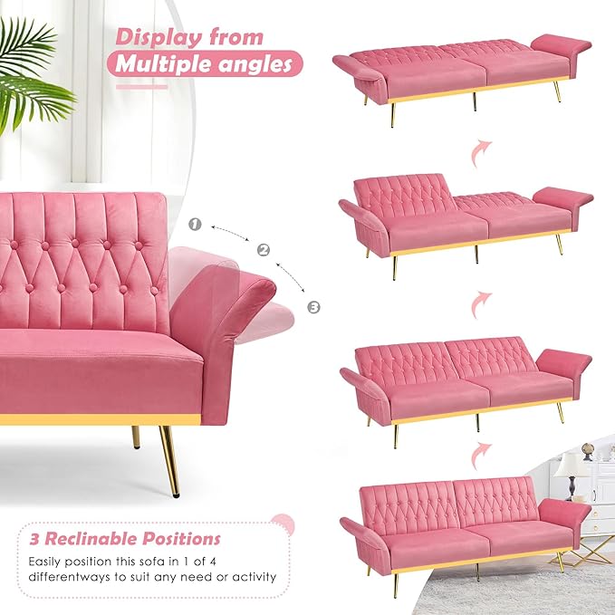 70 Velvet Futon with Adjustable Backrest and Armrests Sofa Bed with Extra Pillows for Waiting Room Living Room and Office Pink