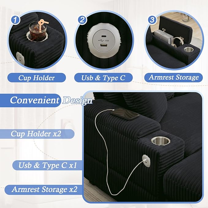 86.6 Sectional Sofa Couch with 2 Ottomans Comfy Corduroy Upholstered Cloud Modular Convertible Couch with Cup Holders and USB Armrest Storage Deep Seat Oversized Loveseat for Living Room Black