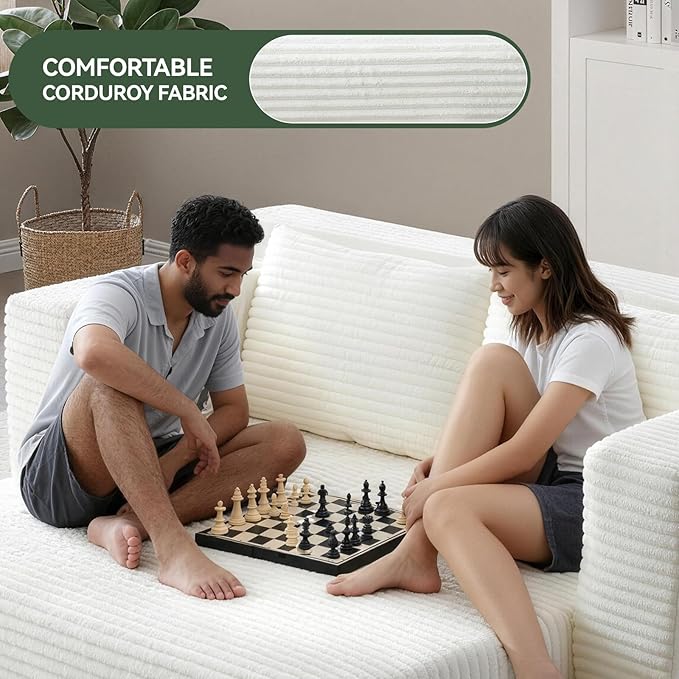 73 Convertible Sofa Bed Pull Out Boneless Loveseat Sleeper Sofa Corduroy Foldable Couch Bed with Storage Bag No Assembly Couch in a Box for Living Room Apartment (Beige)