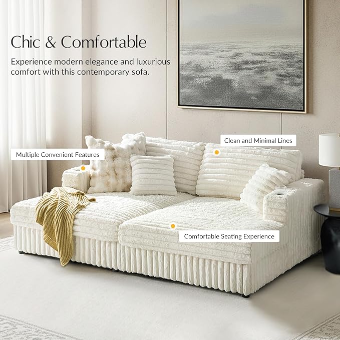 HULALA HOME 88 Double Chaise Lounge Sofa with USB Port and Cup Holder Oversized Cloud Couch with Faux Rabbit Fur Deep Seat Sleeper Sofa Bed for Living Room Bedroom Ivory
