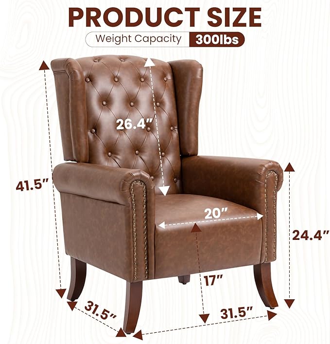 Faux Leather Accent Chair Mid-Century Armchair Upholstered Club Sofa Chair with Wooden Legs High Back Living Room Chair for Bedroom Office Lounge (Brown)