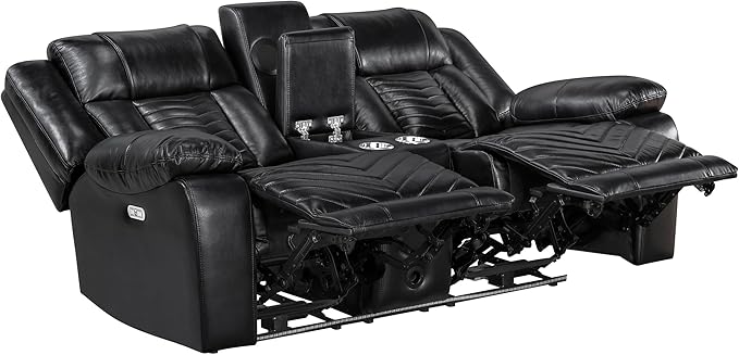Lexicon Wall Hugger Power Double Reclining Loveseat with Console Faux Leather Home Theater Seating with LED Lighting Charging Ports Bluetooth Speaker Wireless Cup Holders Hidden Storage Black