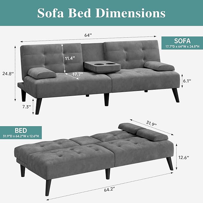 Meilocar 64 Futon Sofa Bed Convertible Loveseat with 2 Cup Holders Small Couch with 3 Adjustable Angles &amp Removable Armrest Sleeper Sofa for Apartment Office Dark Grey | small couch