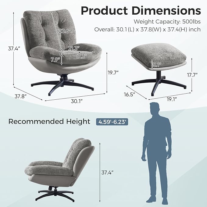 Swivel Accent Chair with Ottoman 400lbs Capacity &amp Easy Assembly Oversized 360° Swivel Rocker Recliner Comfortable Swivel Chair for Living Room Bedroom Office Grey Chenille