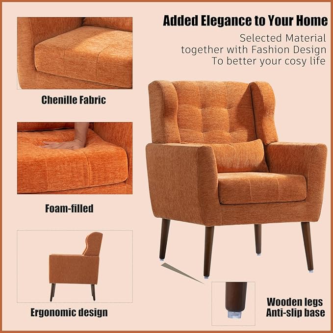 Modern Accent ChairChenille Arm Chairs for Living RoomUpholstered Mordern ArmchairComfy Soft Padded Lounge Chair in Small Space Bedroom w/Pillow Solid Wood Leg (Orange)