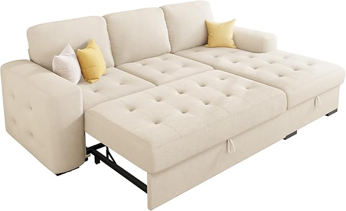 VanAcc 96 Sofa Bed Couch with Storage Chaise Convertible Sleeper Sofa Sleeper Couch with Pull Out Bed for Living Room(Beige)