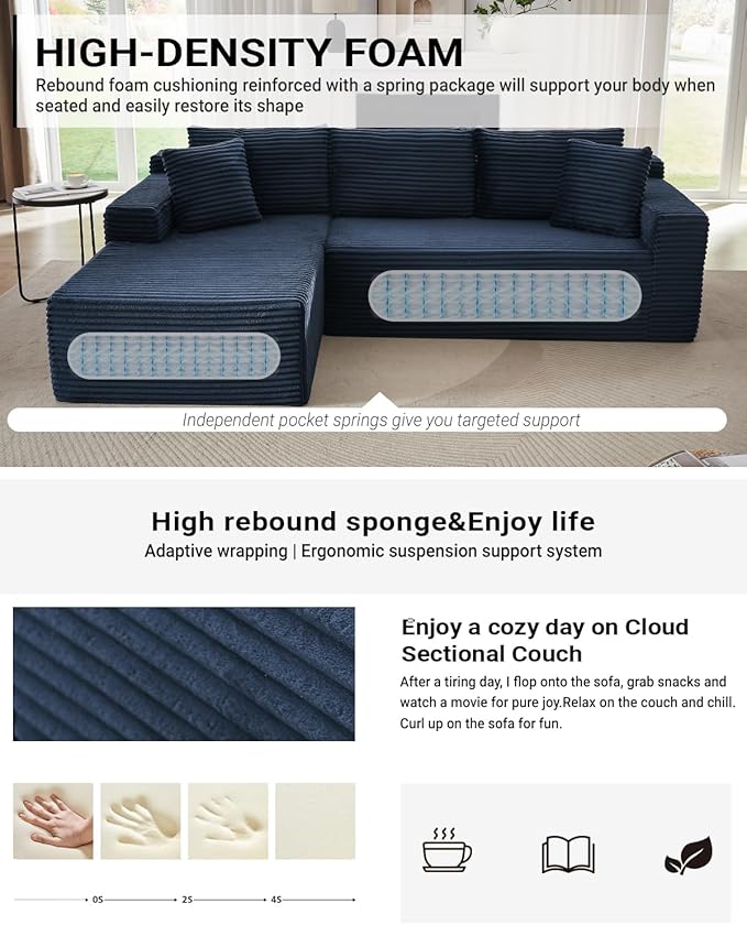 Cloud Sectional Couch 105 Inch Modular Sectional Sofa with Deep Seat Corduroy Boneless Couches with L-Shape Chaise for Living Room Bedroom Left Facing Chaise No Assembly Required (Blue)