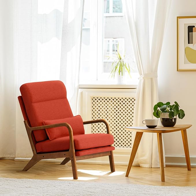 Hommoo Arm Chair Modern Accent Chair Comfy Linen Fabric Reading Chair High Back Leisure Chair with Wood Frame Accent Chair for Living Room Bedroom Balcony Orange