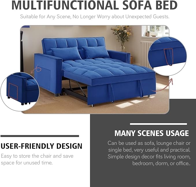 3 In 1 Velvet Convertible Sofa Bed Pull Out Couch Bed with Reclining Backrest And 2 Pillows 54 Full Size Loveseat Sleeper Sofa Futon Couch Beds Couches For Small Spaces Living Room (Dark Blue)
