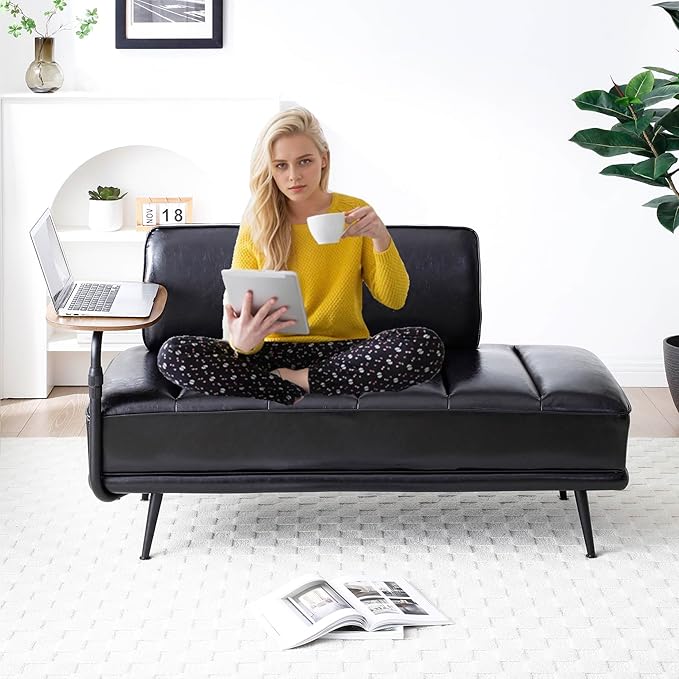 Anwick 55 PU Leather Small Sofa Loveseat Couch with Side Table Modern Upholstered Bed End Bench with Back for Bedroom Living Room Office Entryway (Black)