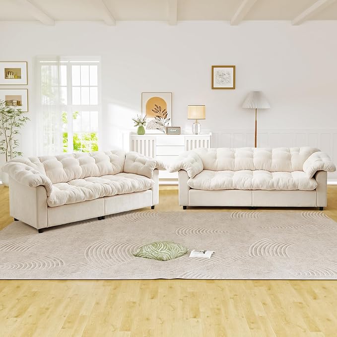 Modern Sofa Couch 94.8W Chenille Tufted Fluffy Comfy Cloud Couch with Tutfted Design &amp Armrest Pillows Upholstered Oversized Loveseat Sofa for Living Room Bedroom Office Apartment Beige