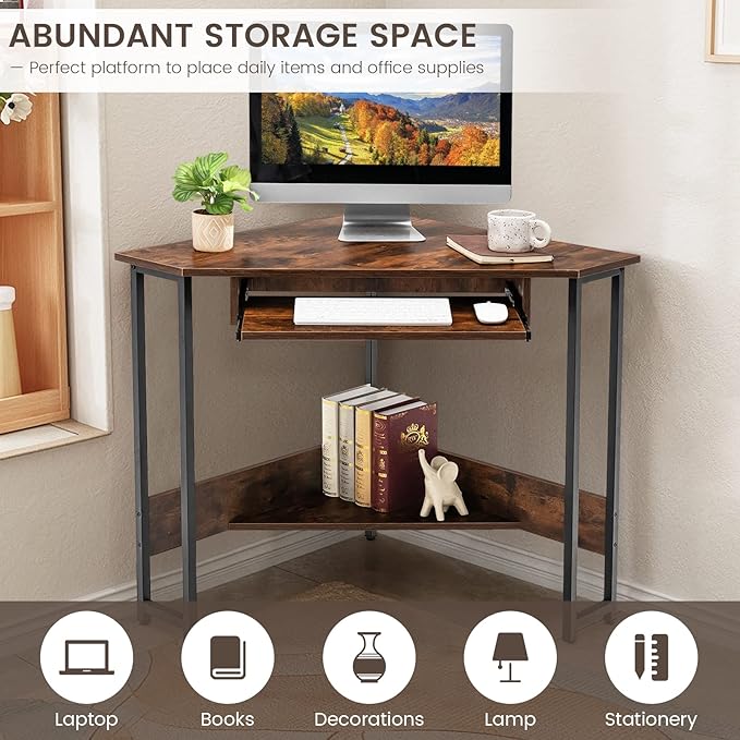 MEDIMALL Triangle Computer Desk Small Corner Writing Table with Power Outlets Keyboard Tray &amp Storage Shelf Strong Metal Frame Home Office Workstation Gaming Desk for Small Spaces Rustic Brow
