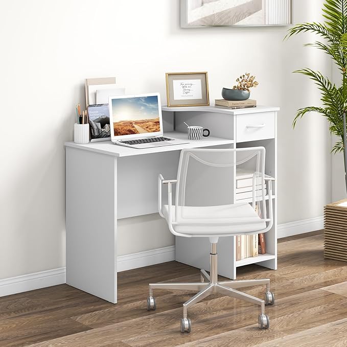 Tangkula White Desk with Storage Drawer &amp Shelves Modern Computer Desk with Adjustable Shelf &amp Cable Hole Compact Writing Study Desk Wooden Computer Workstation for Home Office White